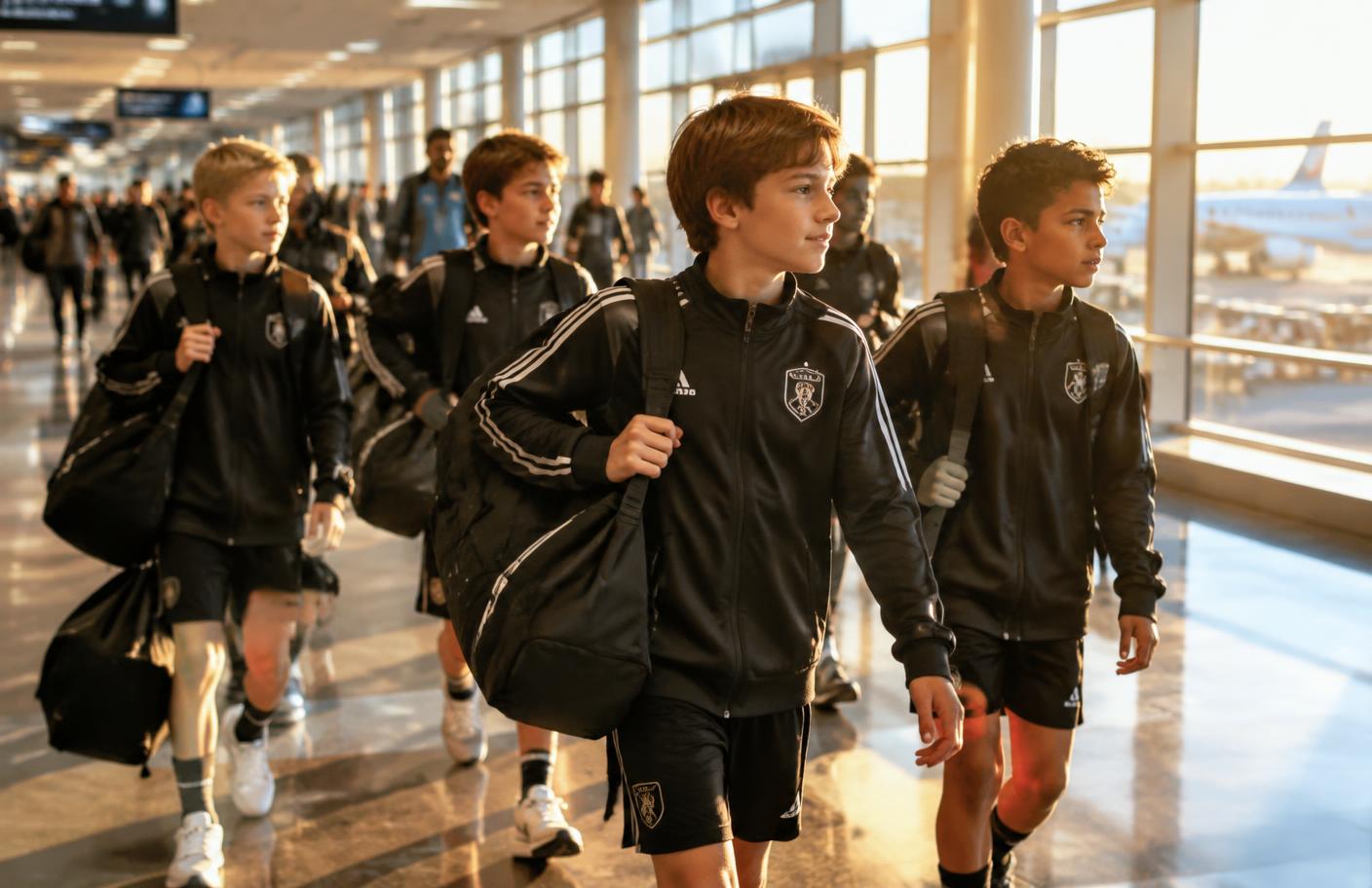 A youth team walking through an airport terminal